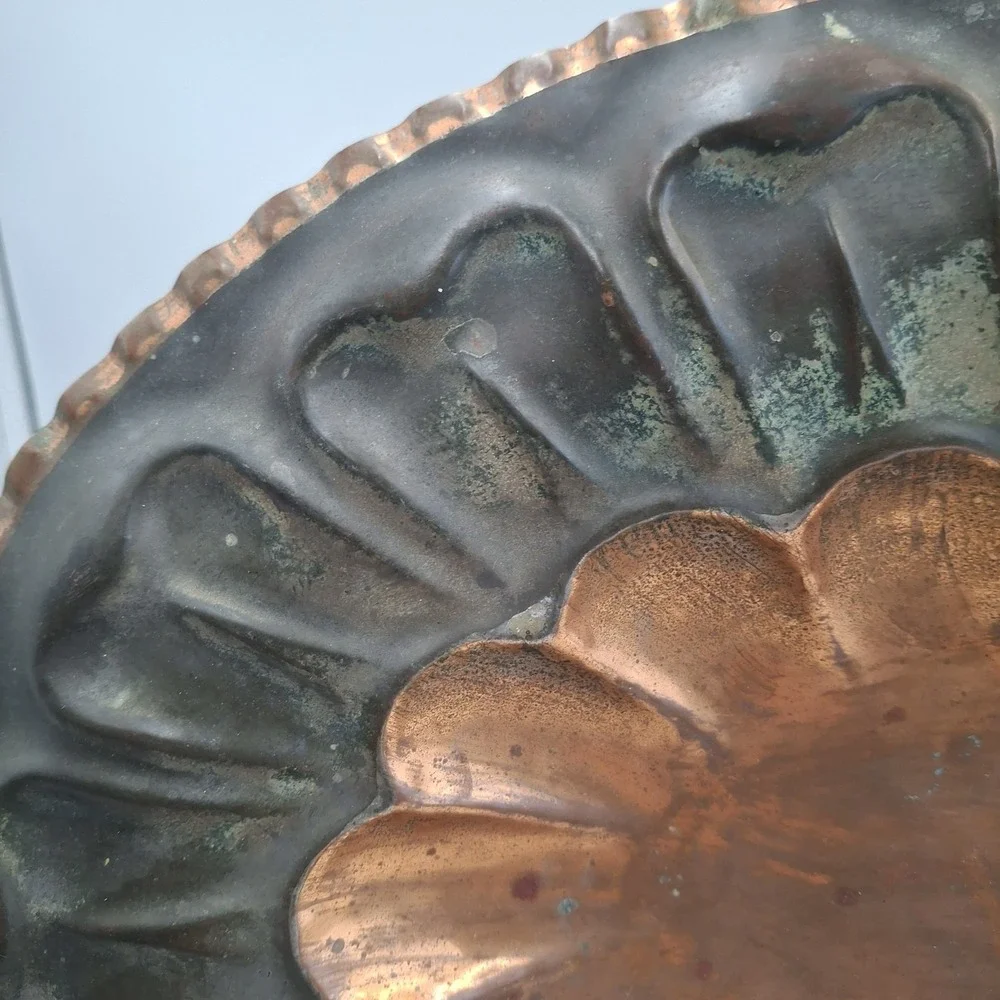Vintage Italian Copper Footed Tray Scalloped Fluted Oval Serving Platter Italy
